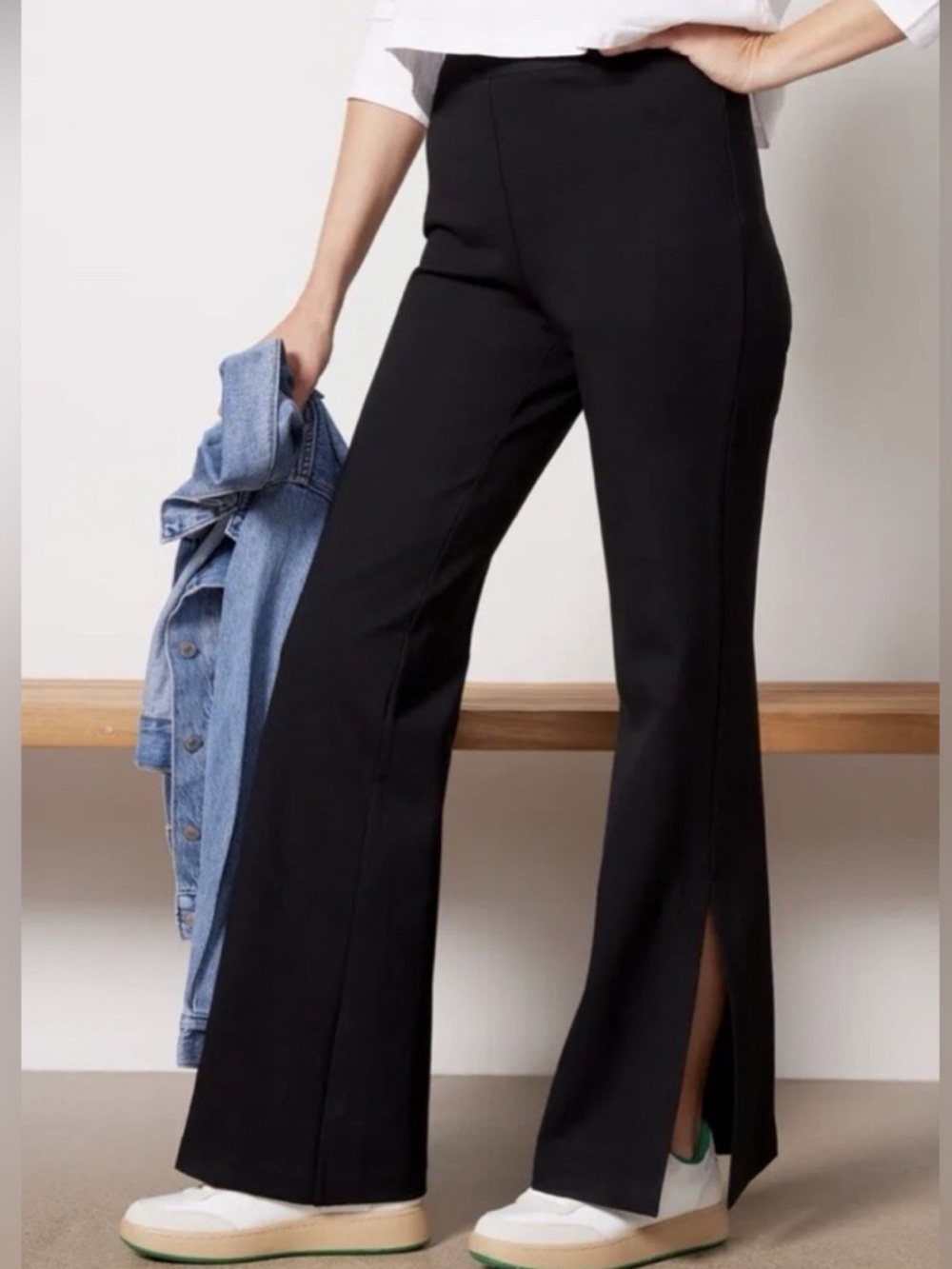 Spanx The Perfect Double Slit Wide Leg Ponte Stretch Pants in Black Size L